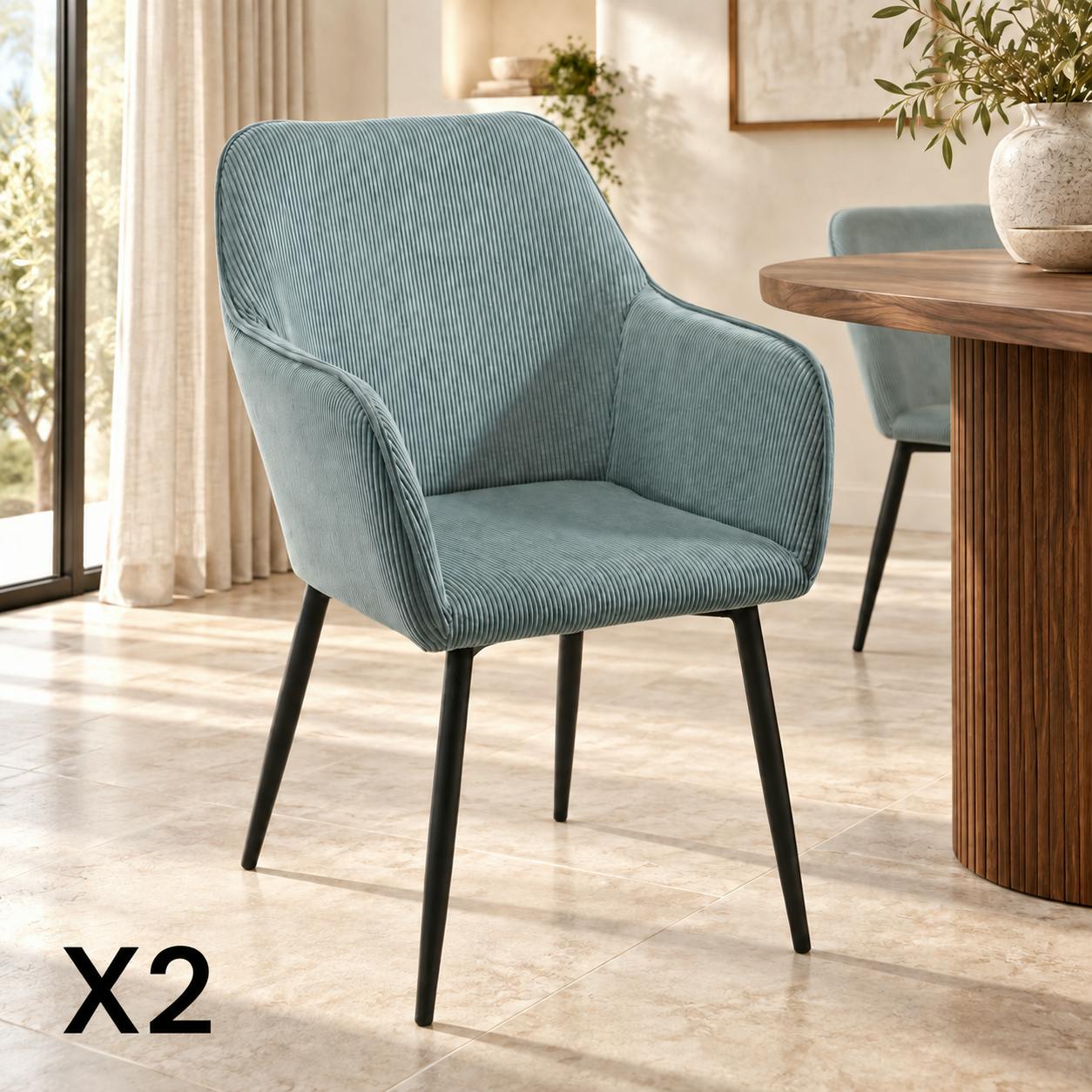 Fauteuil de table tissu cotelé bleu (lot de 2) MALMOE