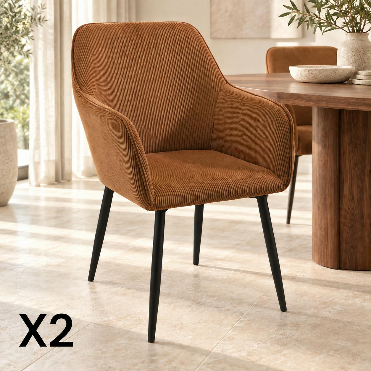 Fauteuil de table tissu cotelé brun (lot de 2) MALMOE