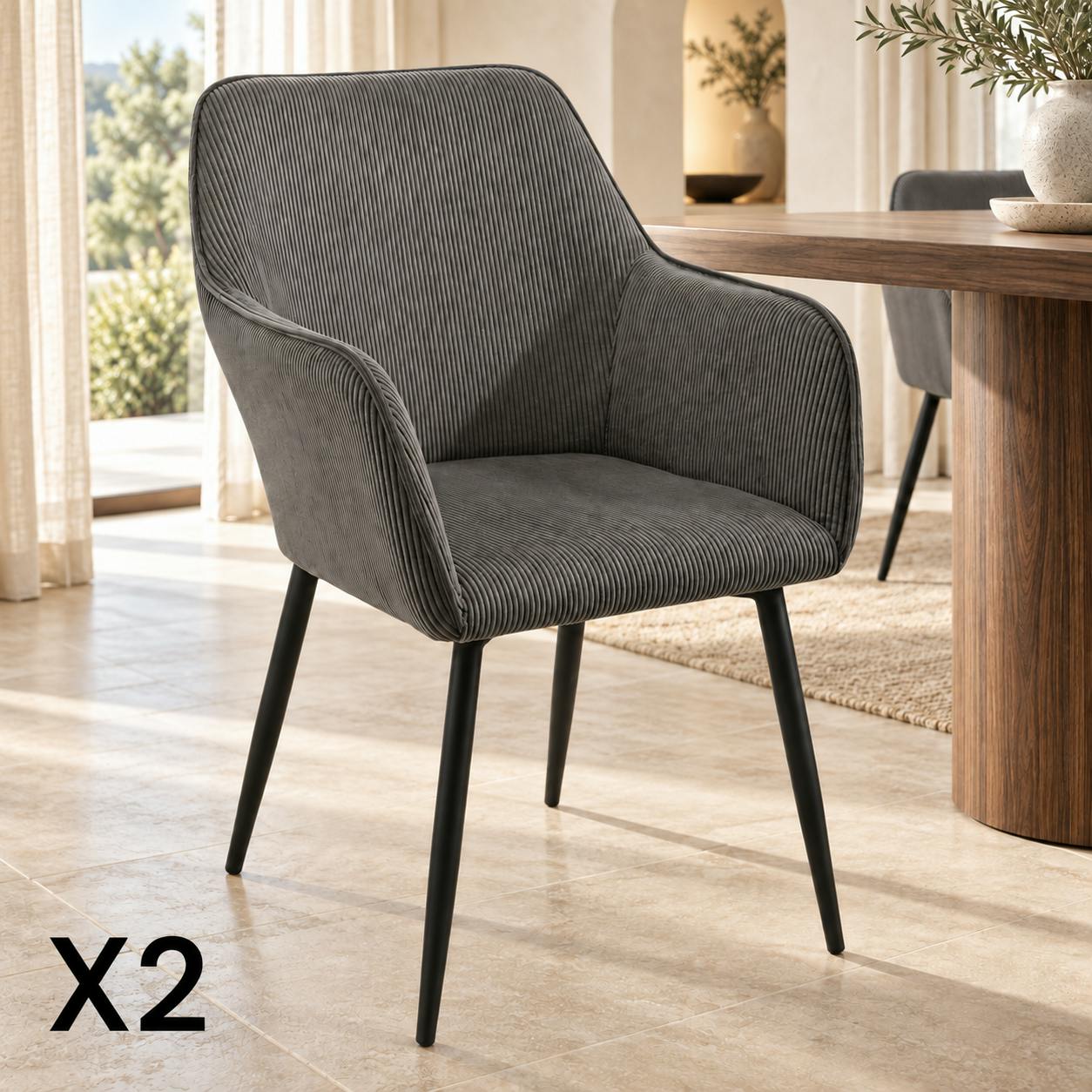Fauteuil de table tissu cotelé gris (lot de 2) MALMOE