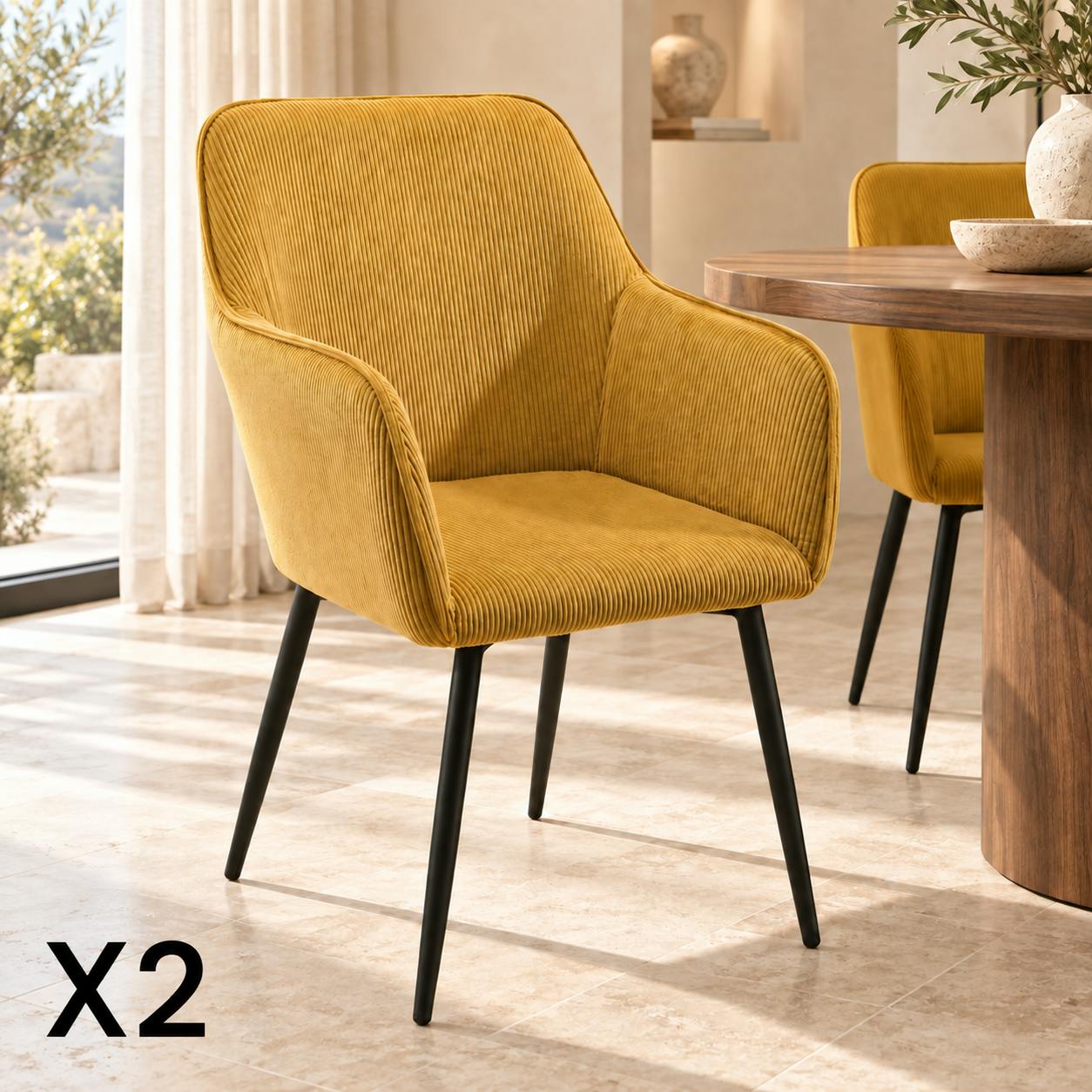 Fauteuil de table tissu cotelé moutarde (lot de 2) MALMOE
