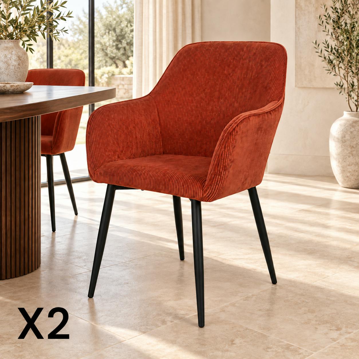 Fauteuil de table tissu cotelé terracotta (lot de 2) MALMOE