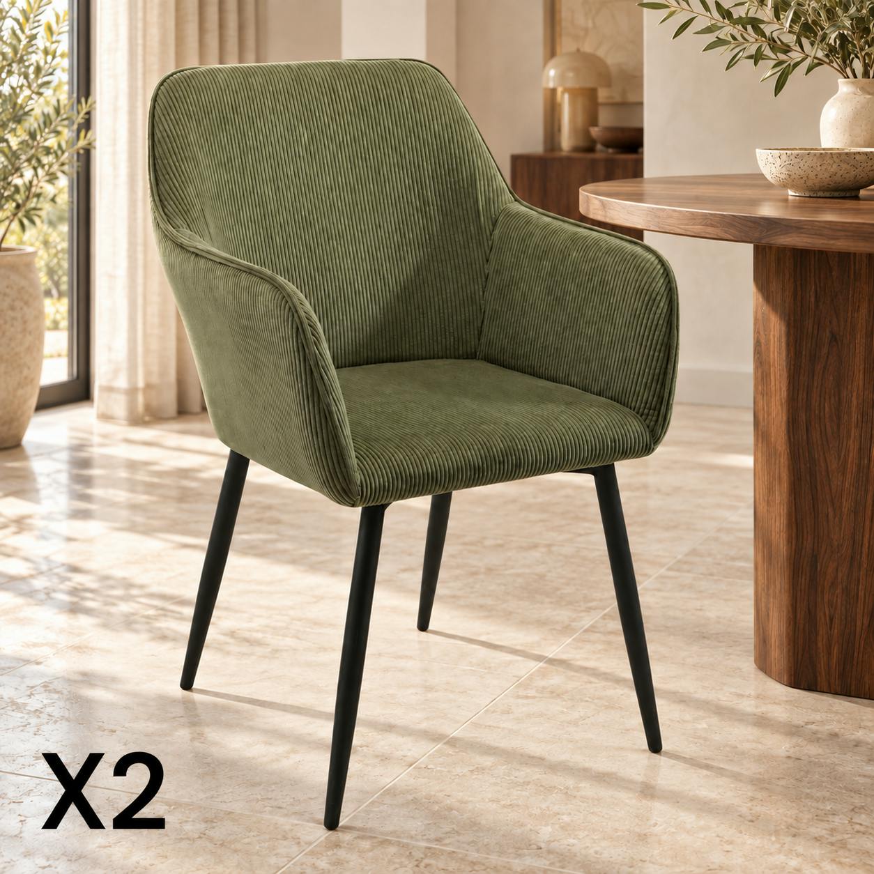 Fauteuil de table tissu cotelé vert (lot de 2) MALMOE