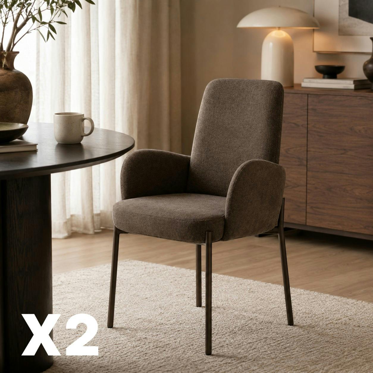 Fauteuil de table tissu marron pieds bronze (x2) AUREN
