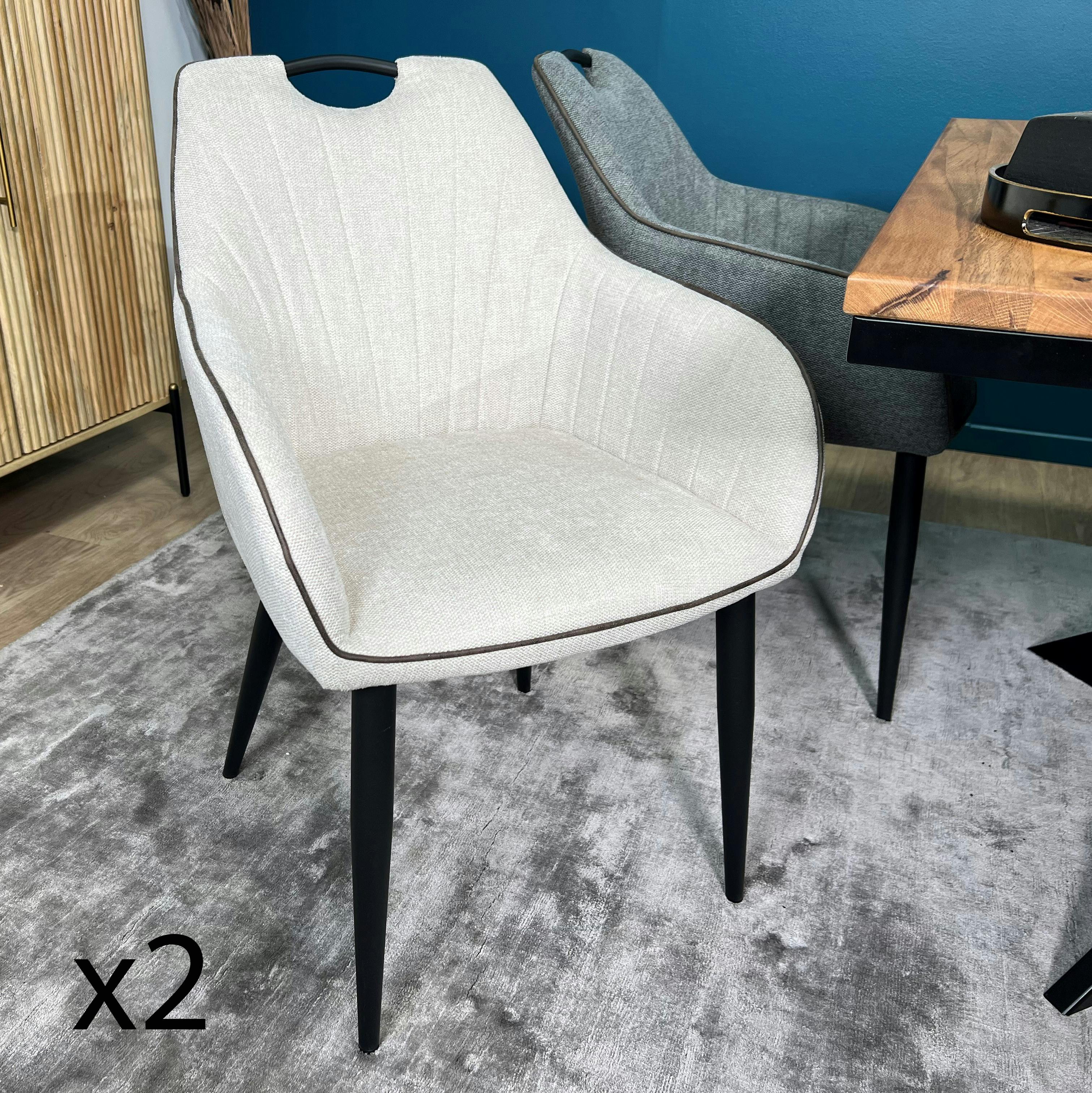 Fauteuil de table tissu rayures blanc cassé avec poignée (lot de 2) MALANG