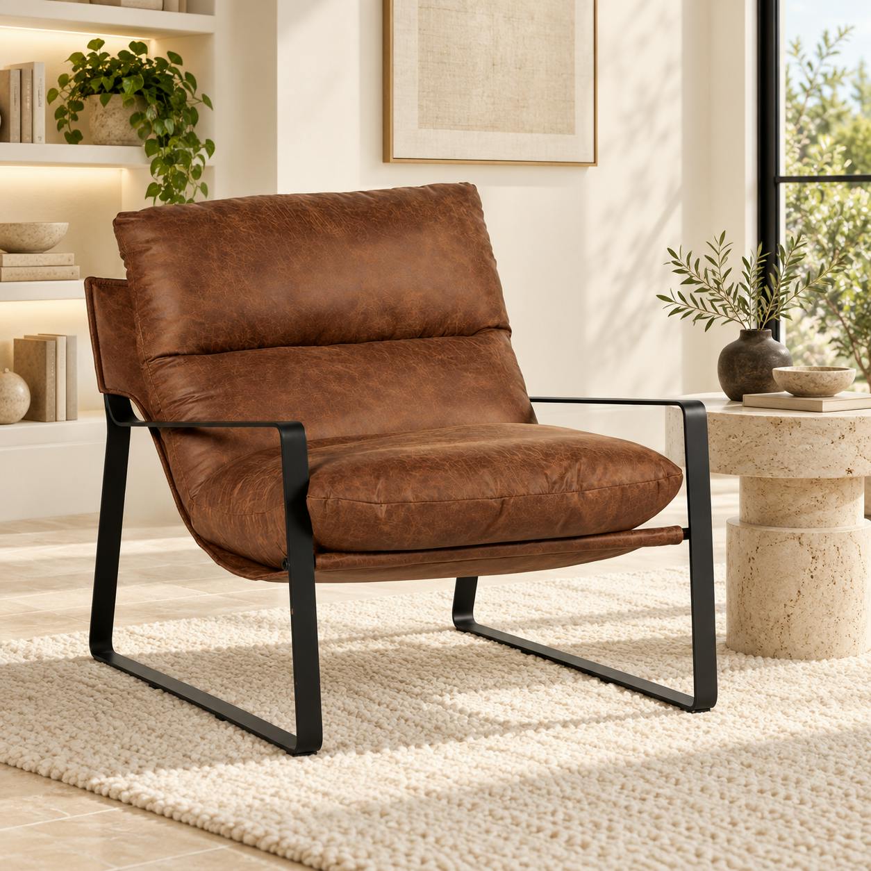 Fauteuil design tissu havane et métal EPIKA