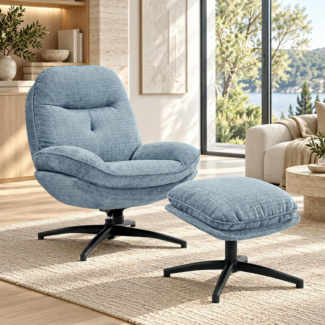 Fauteuil détente bleu acier pivotant avec repose-pieds IENA