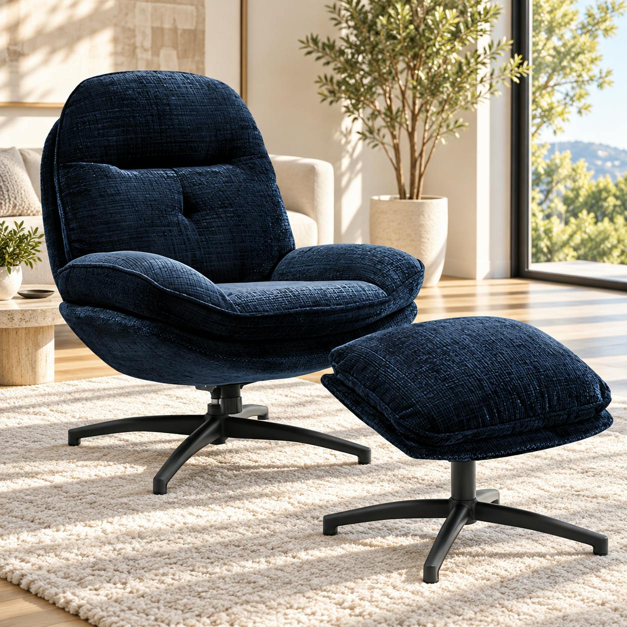 Fauteuil détente bleu nuit pivotant avec repose-pieds IENA
