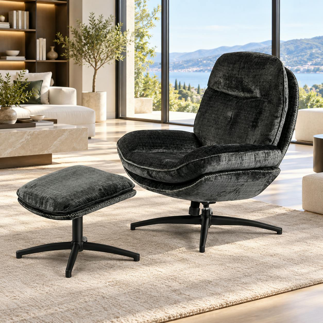 Fauteuil détente gris foncé pivotant avec repose-pieds IENA