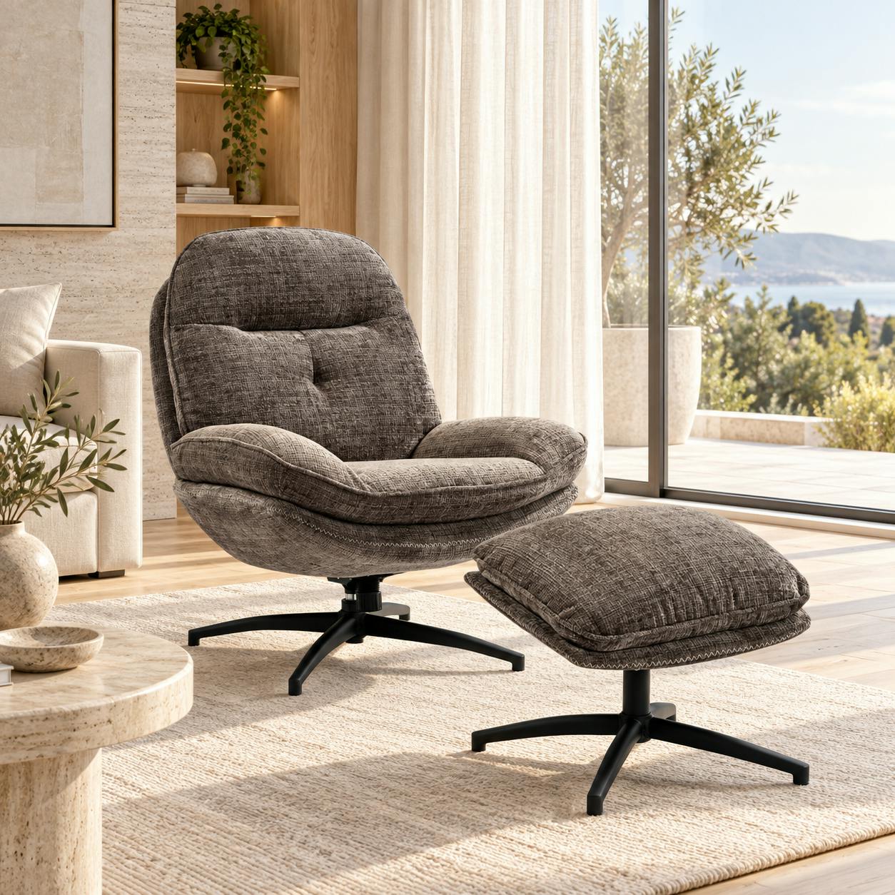 Fauteuil détente gris pivotant avec repose-pieds IENA