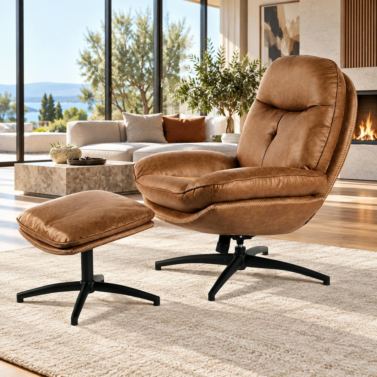 Fauteuil détente havane pivotant et repose-pieds IENA