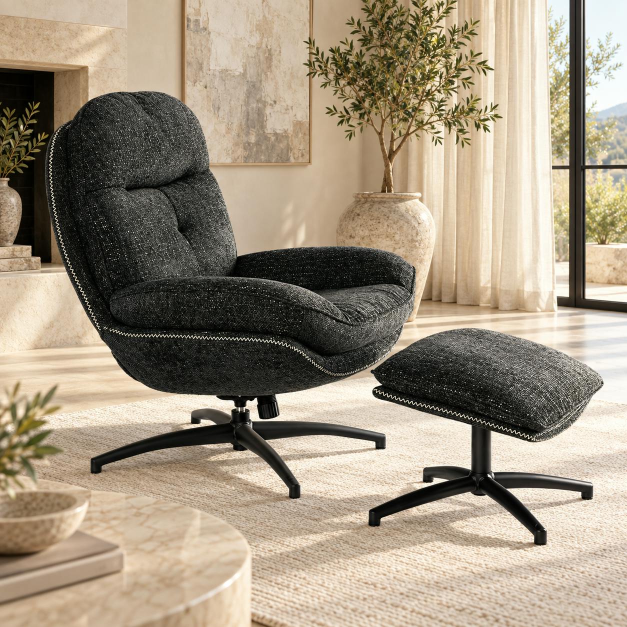 Fauteuil détente pivotant anthracite avec repose pieds IENA
