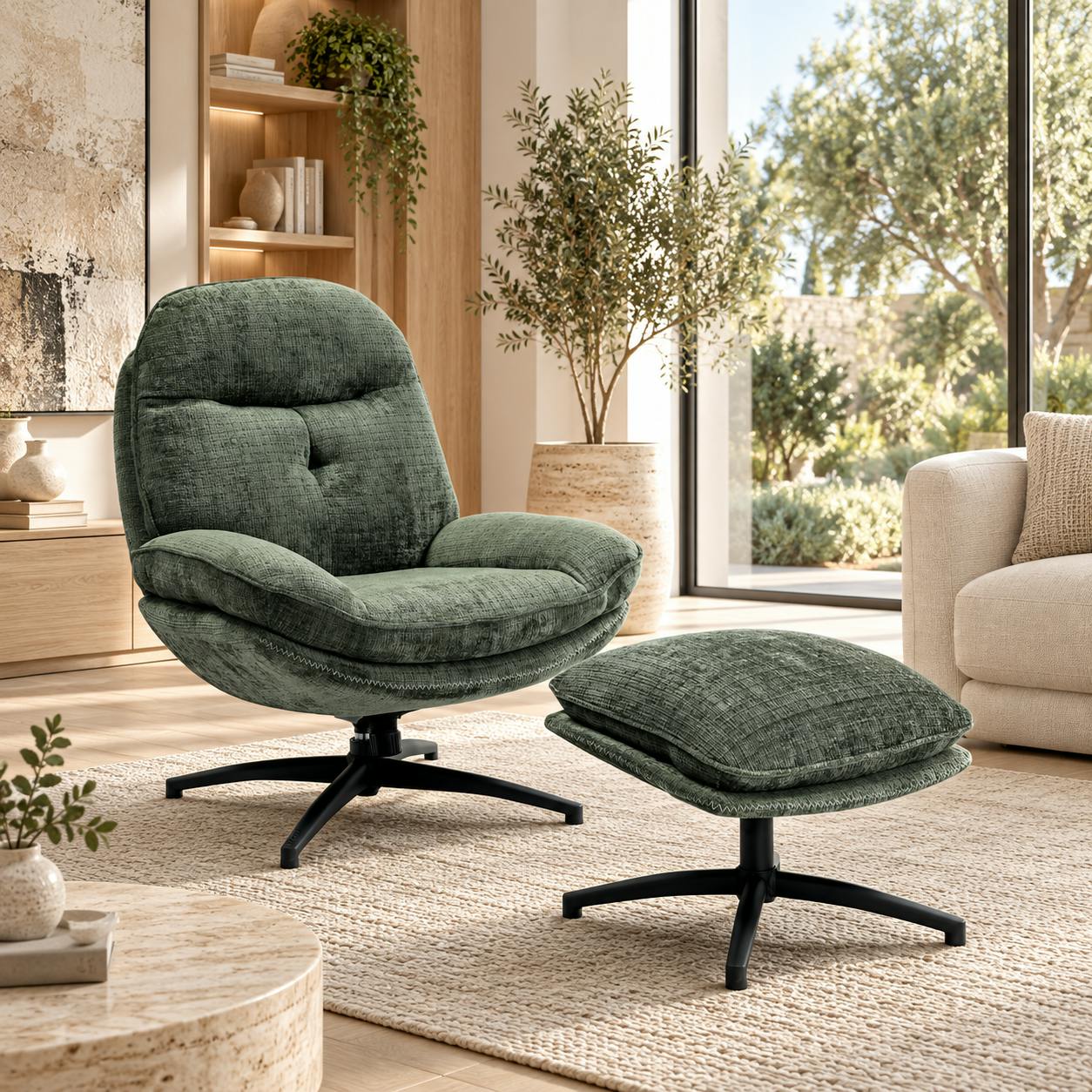 Fauteuil détente vert sapin pivotant avec repose-pieds IENA