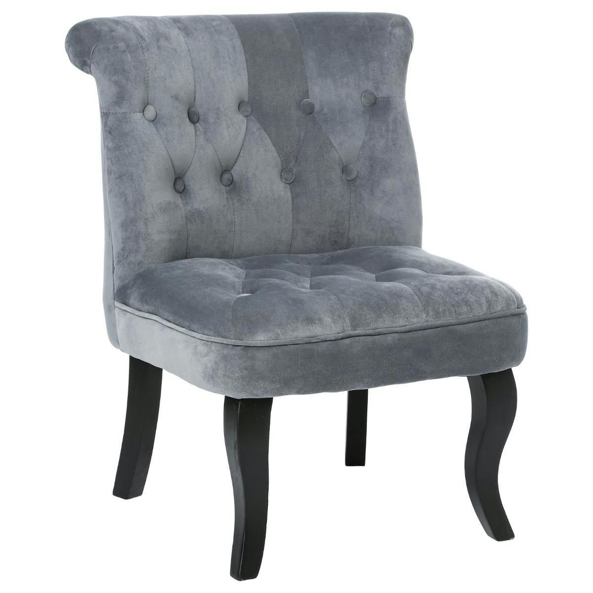 Fauteuil dossier capitonné en velours gris et pieds galbés noirs 56x61x73cm