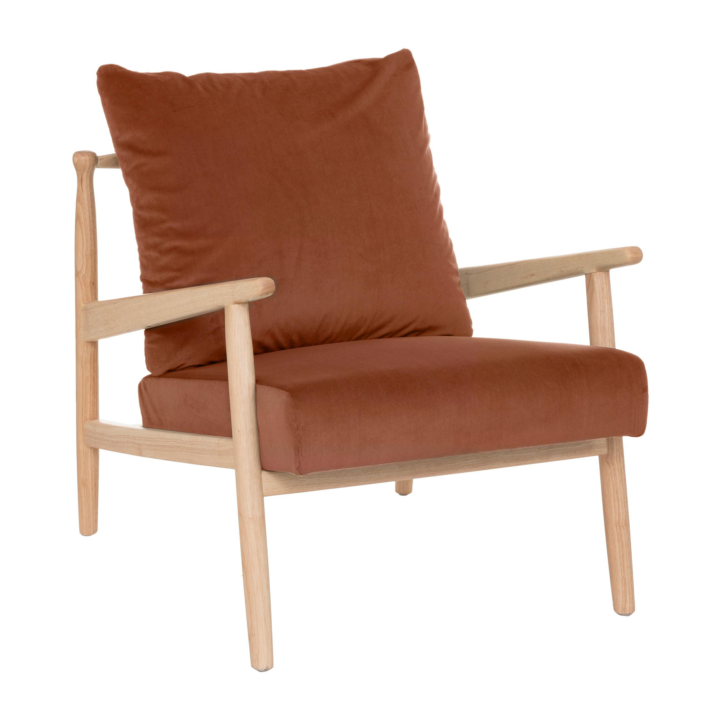Fauteuil en bois et coussins velours terracotta