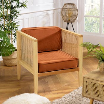 Fauteuil en cannage et velours rouille TIM
