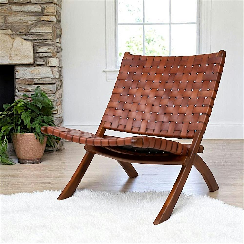Fauteuil en cuir marron et bois de teck MENDOZA