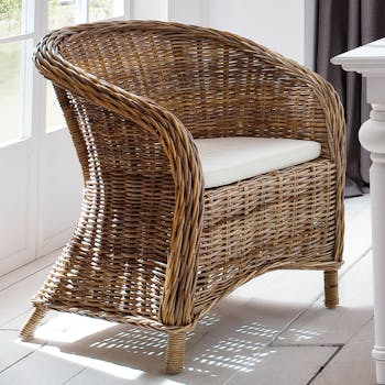 Fauteuil en rotin dossier bas avec coussin assise 70x86cm ROYAN