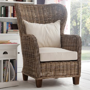 Fauteuil en rotin dossier haut et arrondi avec coussin assise et dos 88x125cm ROYAN