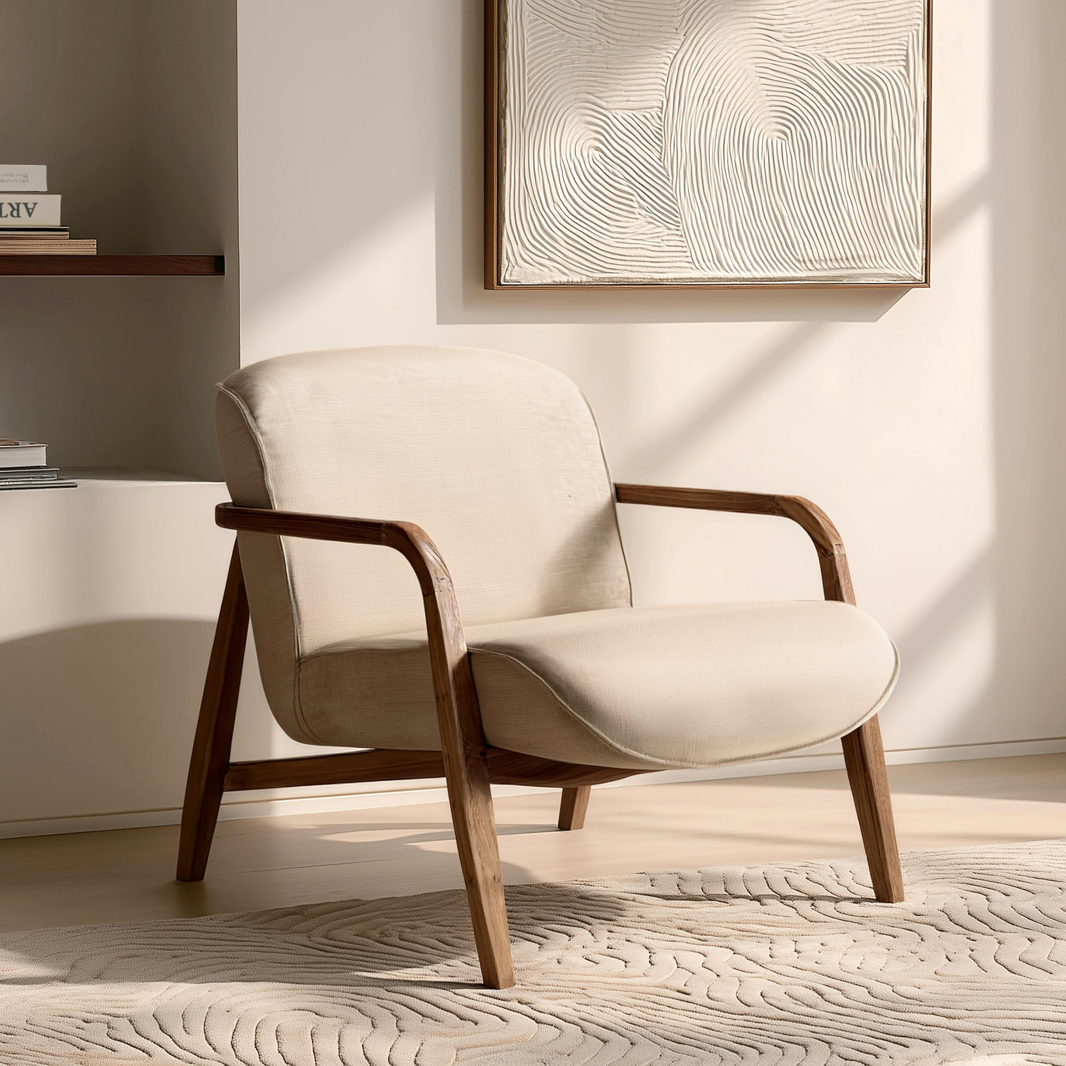 Fauteuil en tissu beige et bois de teck recyclé SWING