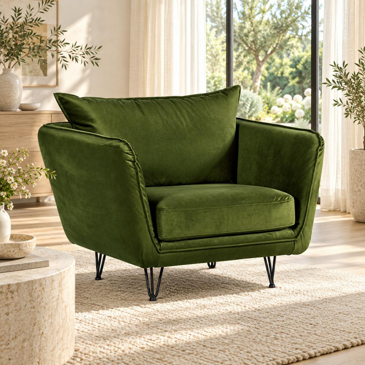 Fauteuil en velours vert kaki EPIKA