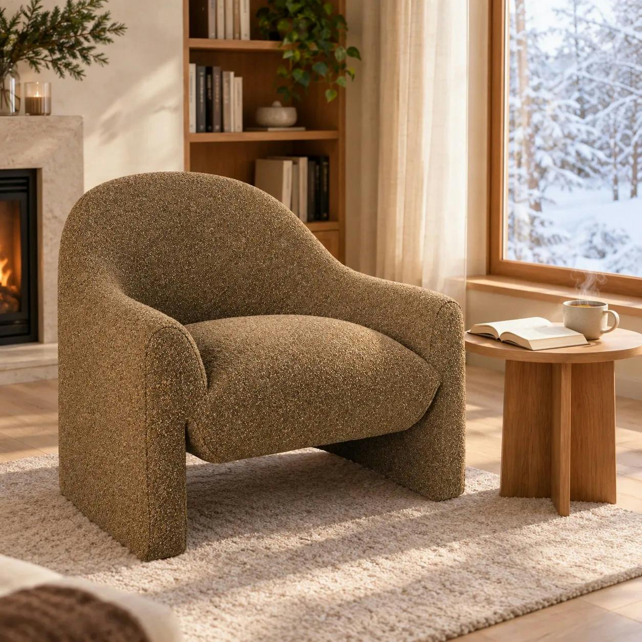 Fauteuil enveloppant en tissu brun doré BERLIN