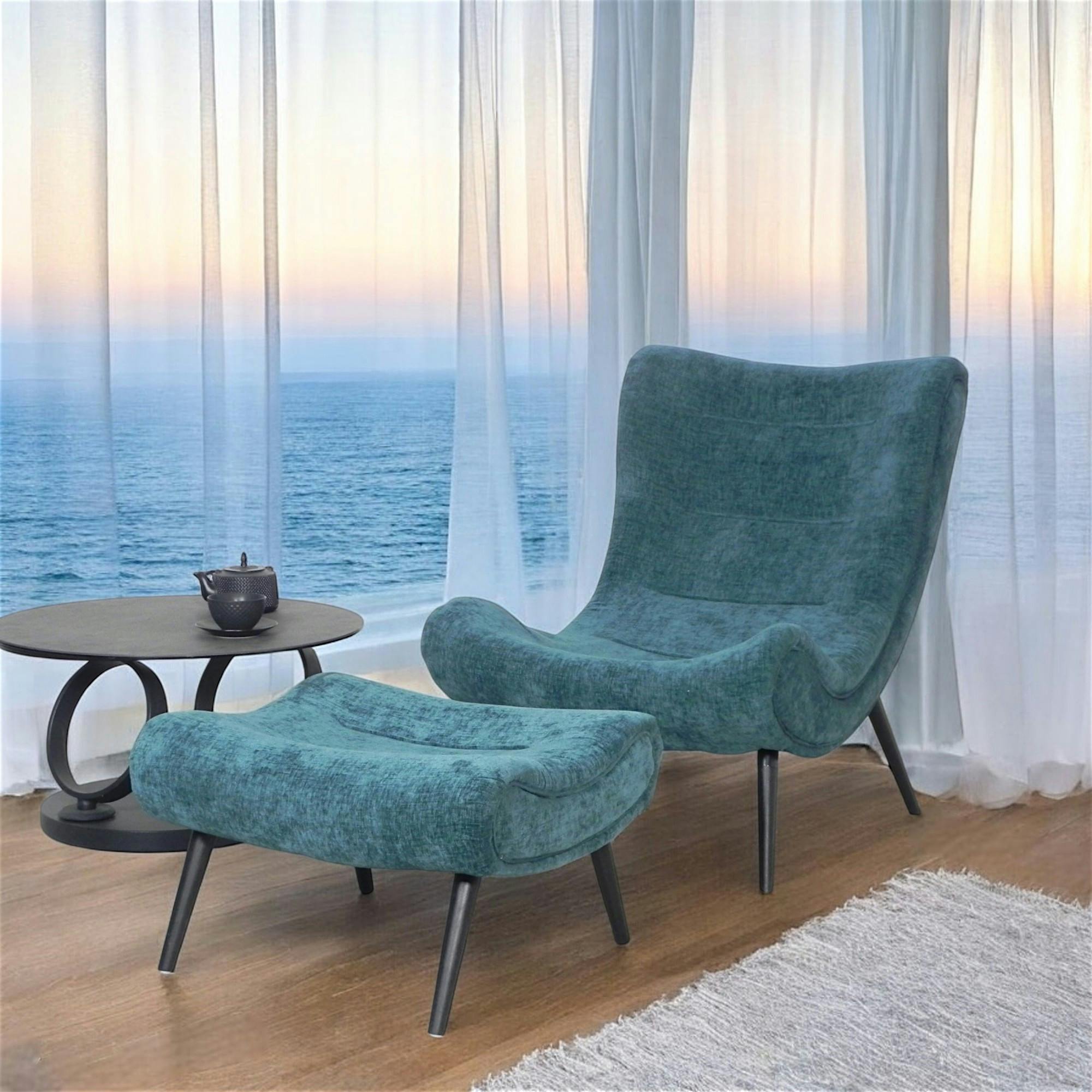 Fauteuil et pouf assortis tissu bleu pétrole MALMOE