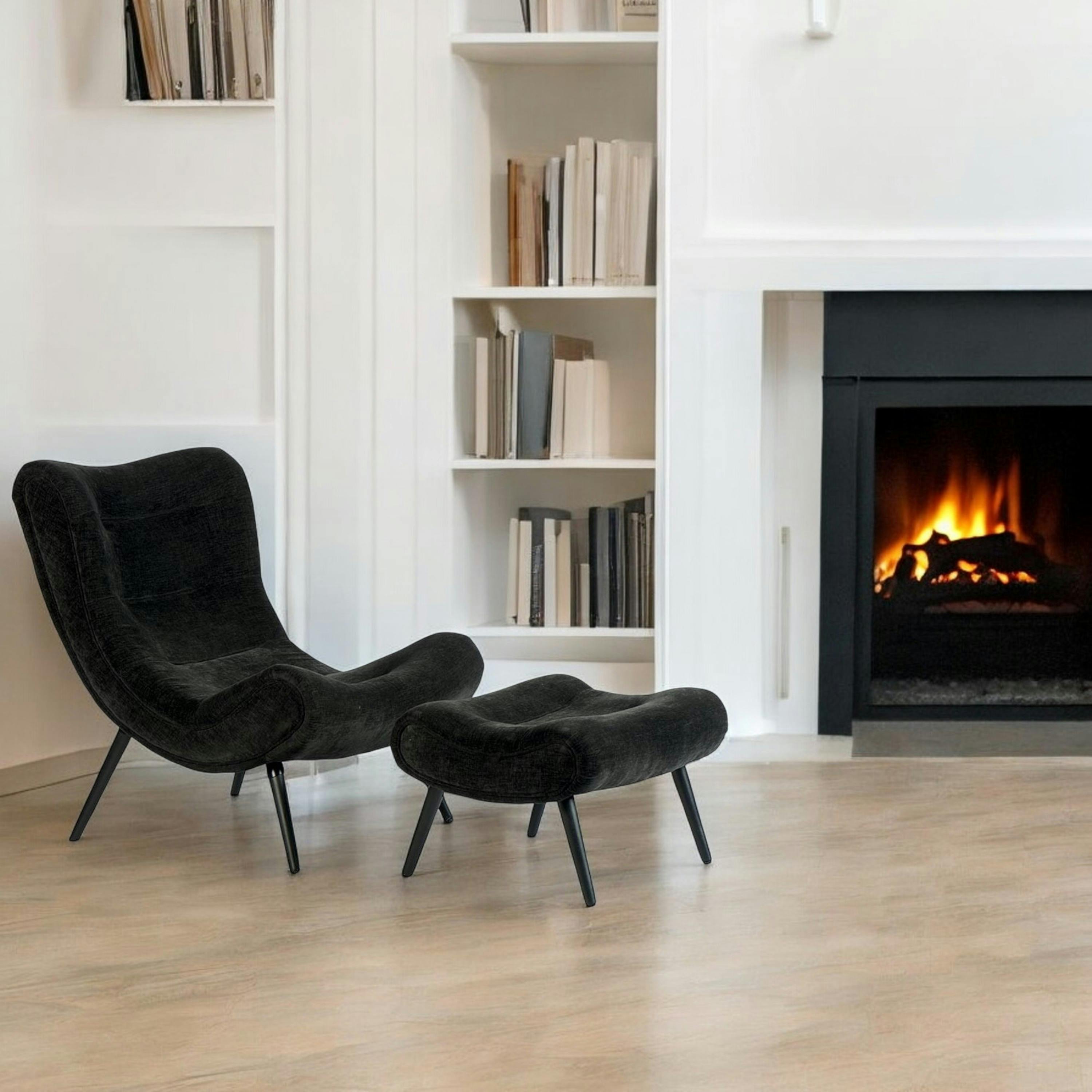 Fauteuil et pouf assortis tissu noir MALMOE