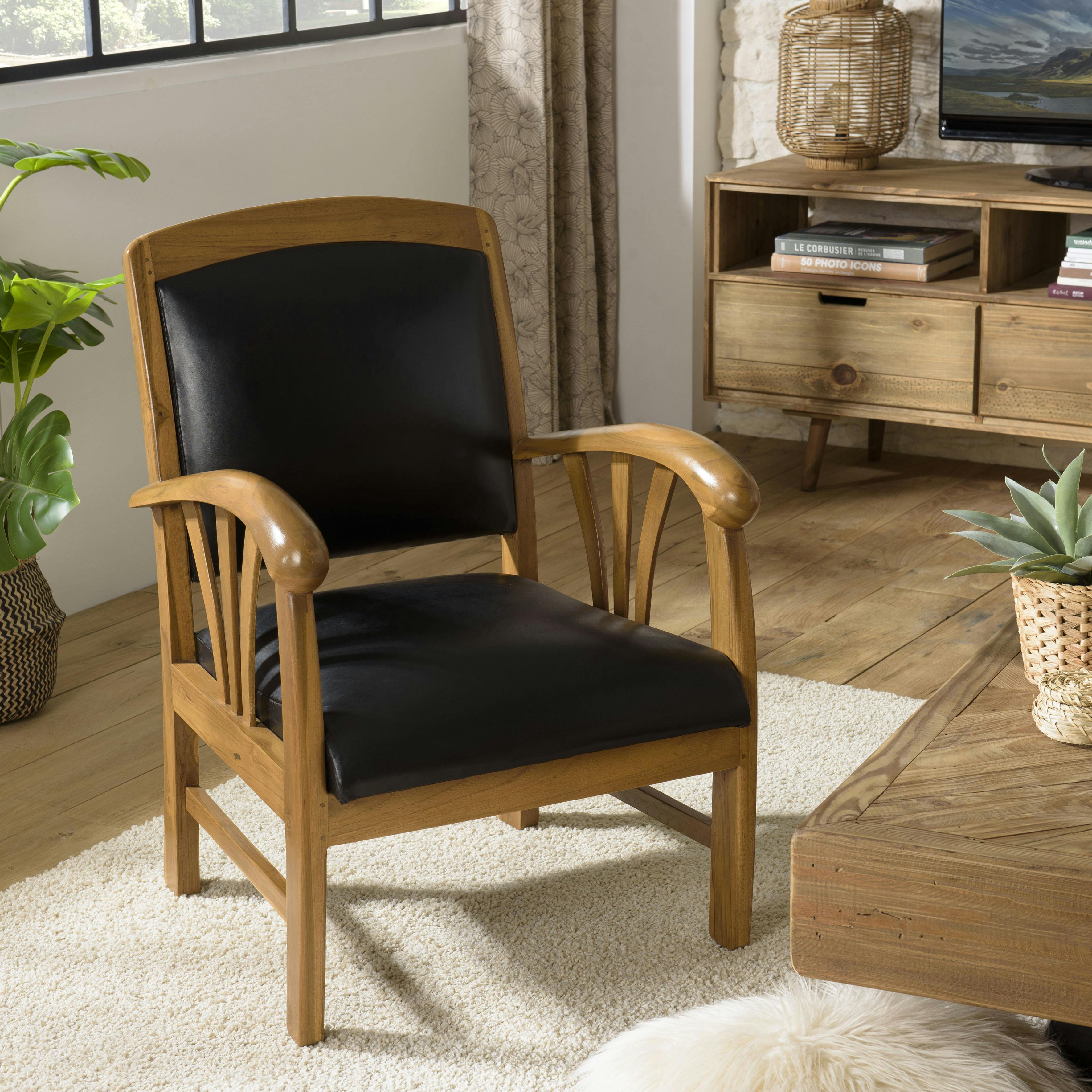 Fauteuil exotique bois et cuir noir DIKA