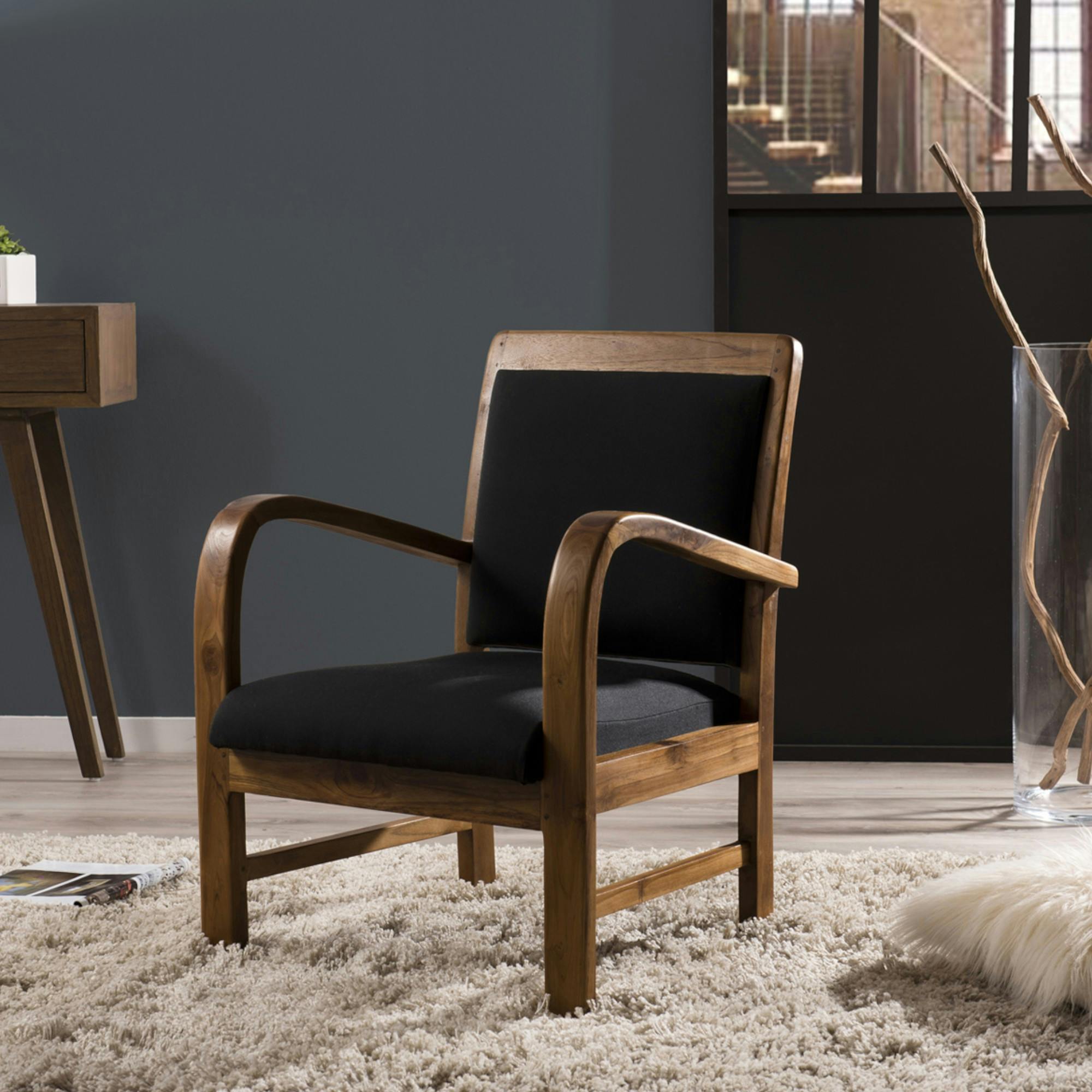 Fauteuil exotique en Teck et Coton noir 61x63x81cm DIKA