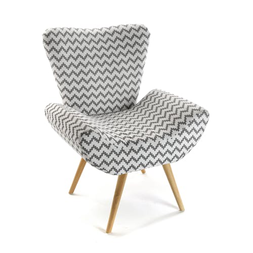 Fauteuil forme design en tissu blanc gris motif zigzag et pieds bois 72x70x83cm COPPEN