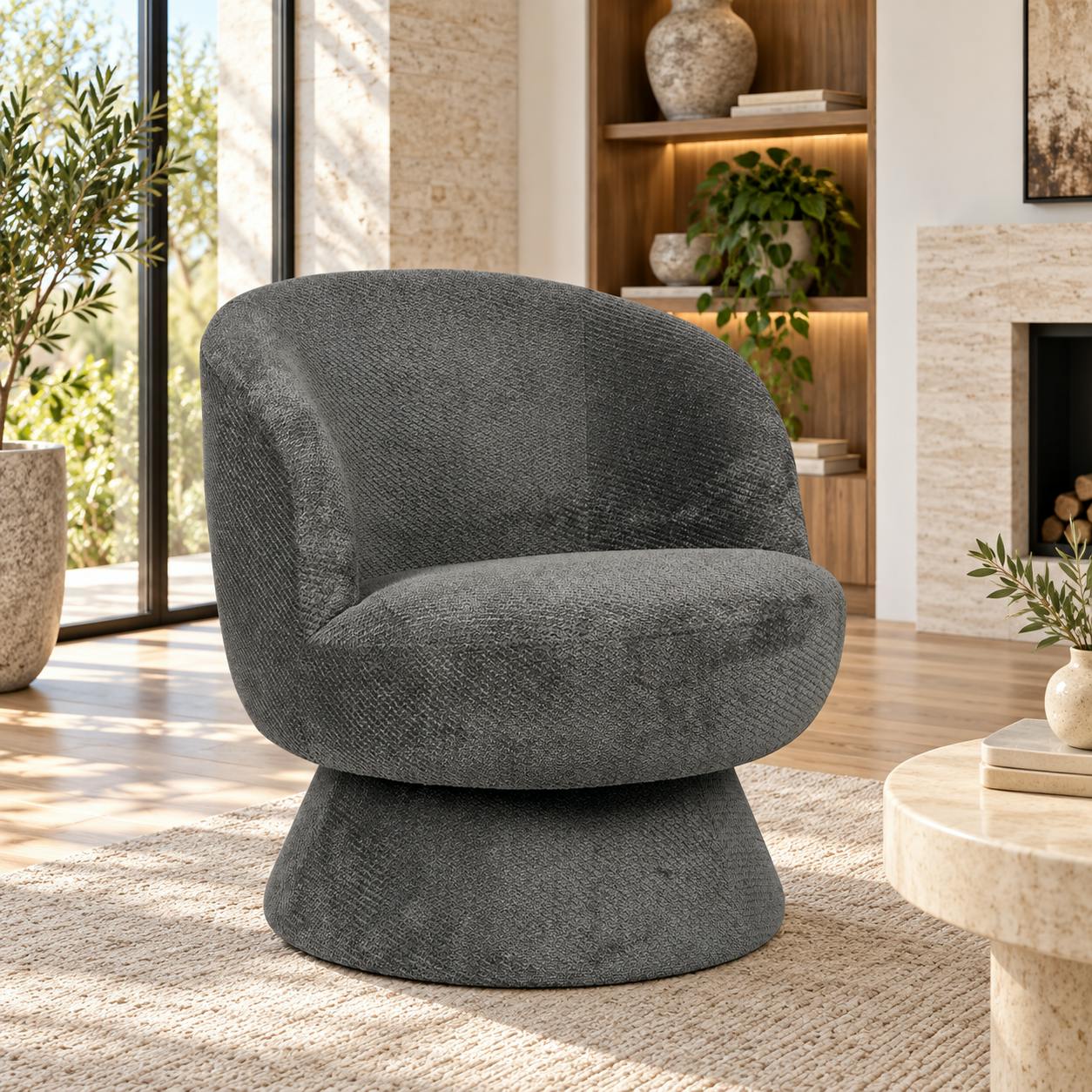 Fauteuil gris pivotant - tissu chenille, style rétro IENA