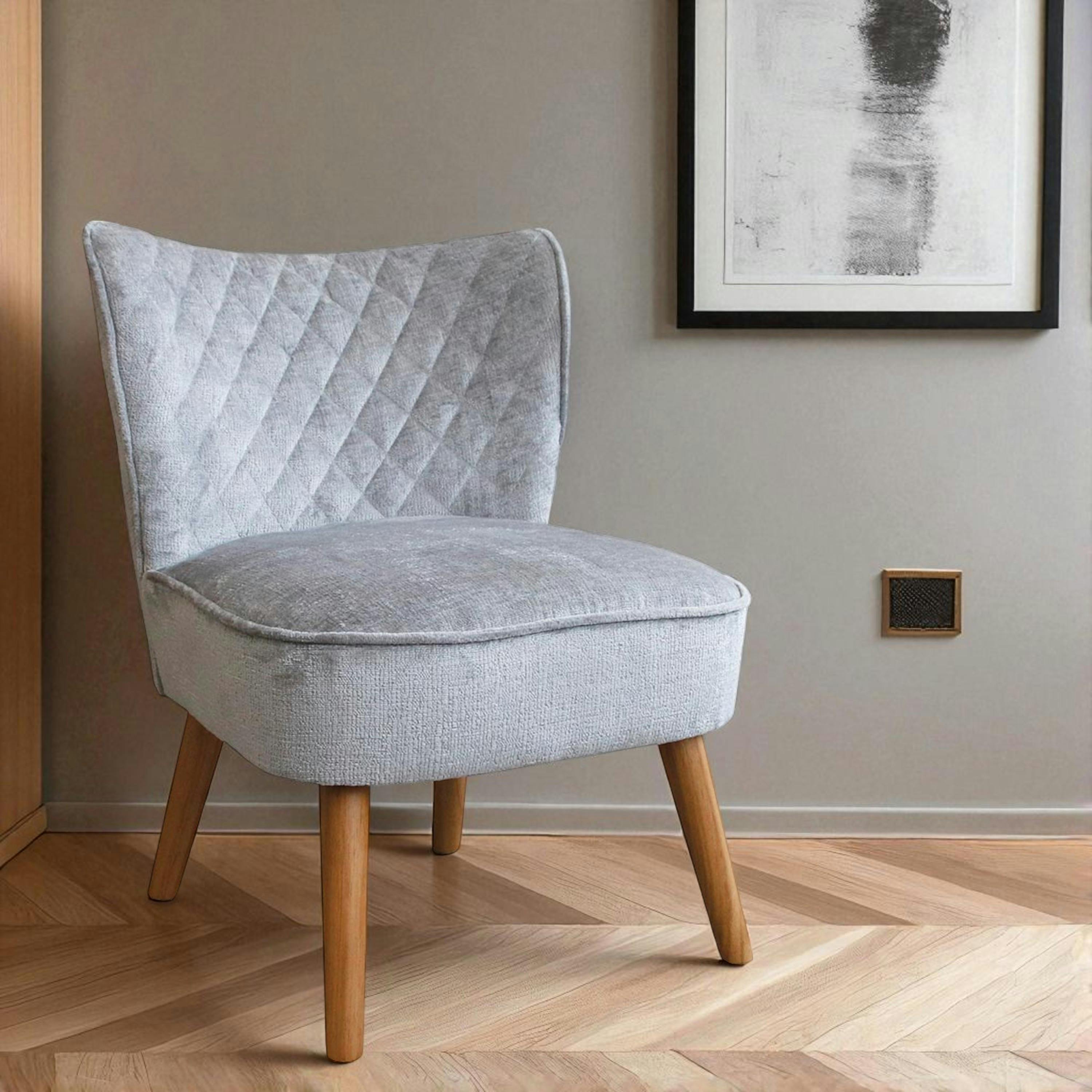 Fauteuil gris tissu chenille - pieds bois, motif croisé IENA