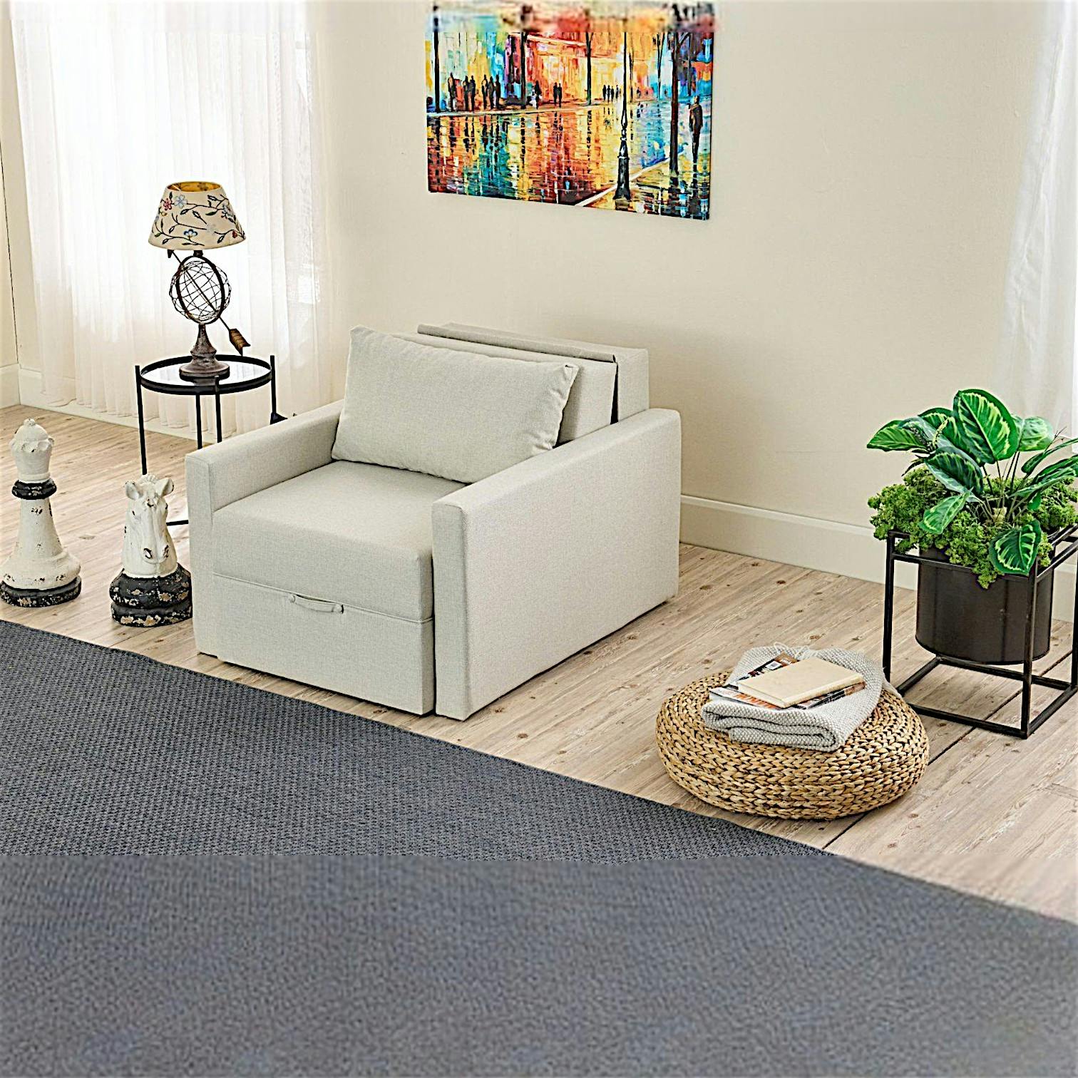 Fauteuil lit convertible écru avec porte-revues MANIL