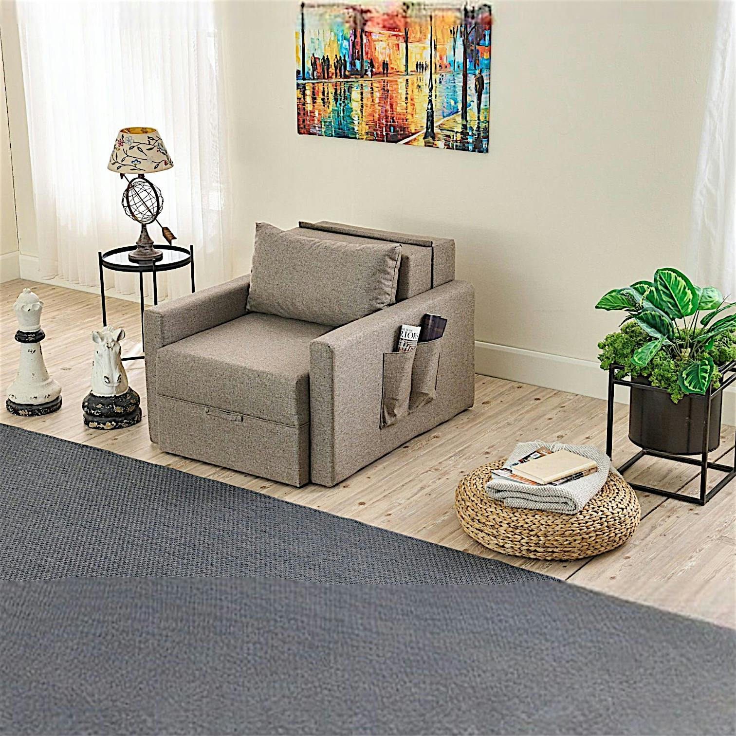 Fauteuil lit convertible taupe avec porte-revues MANIL