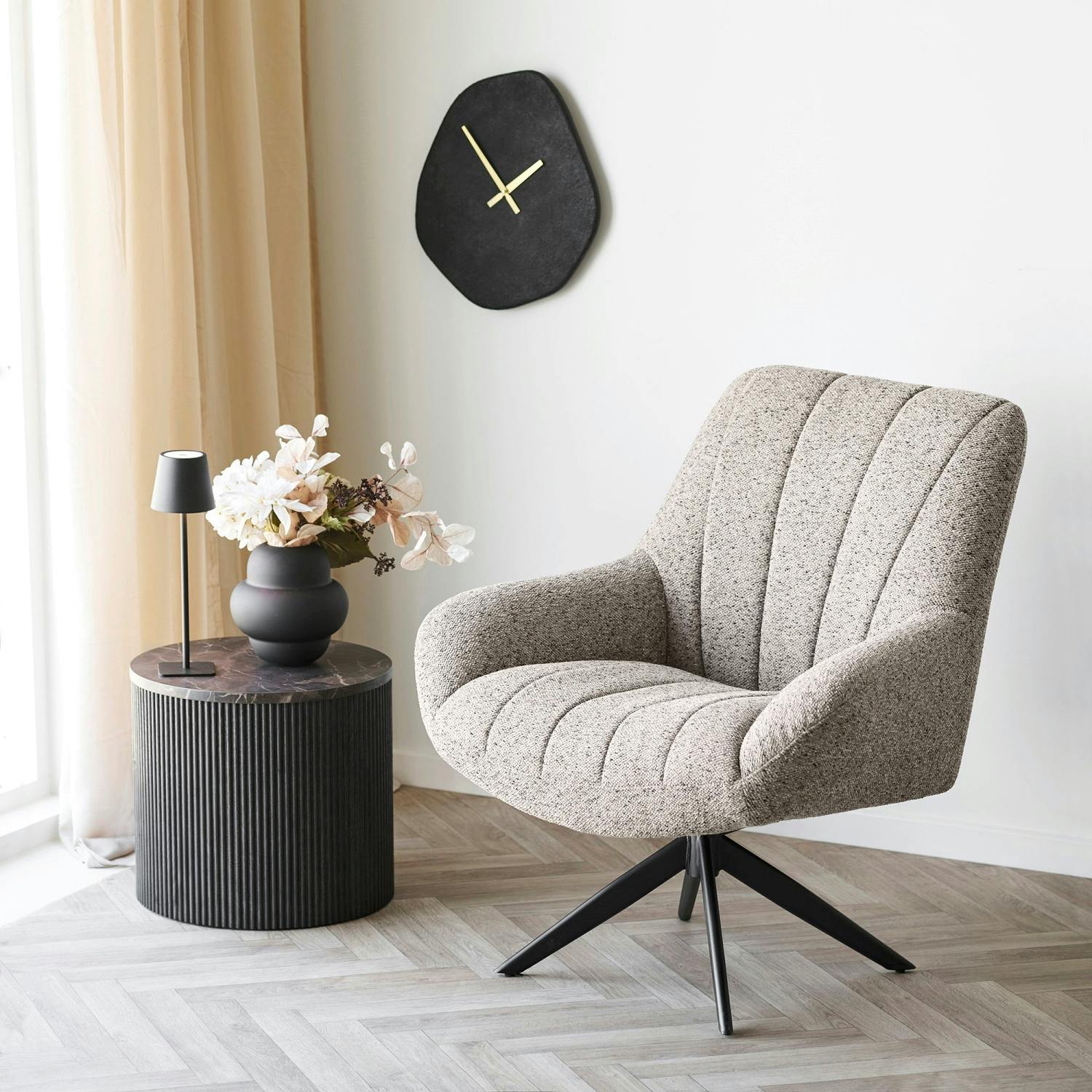 Fauteuil lounge pivotant en tissu gris chiné MONTREUX