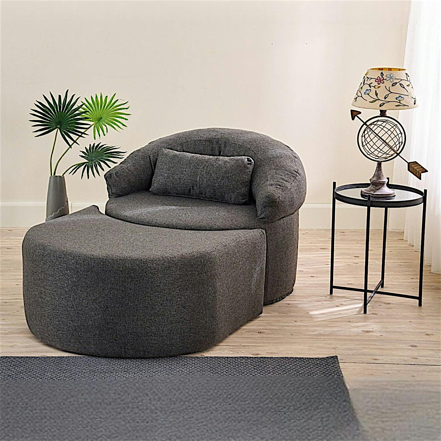 Fauteuil méridienne anthracite, pouf demi-lune PATNA