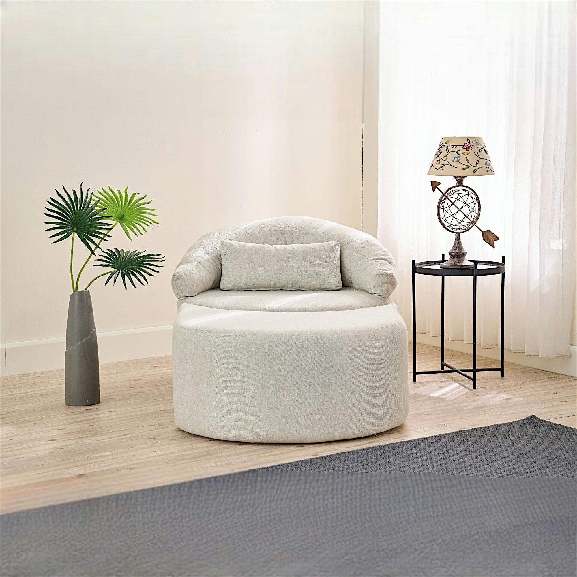 Fauteuil méridienne écru avec pouf demi-lune PATNA