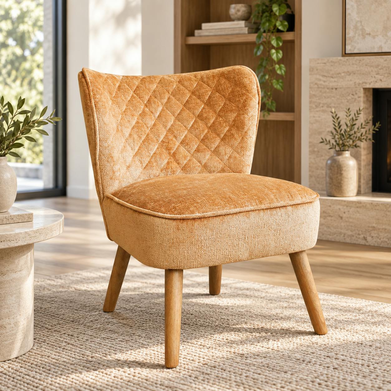 Fauteuil moutarde en tissu chenille - pieds bois IENA