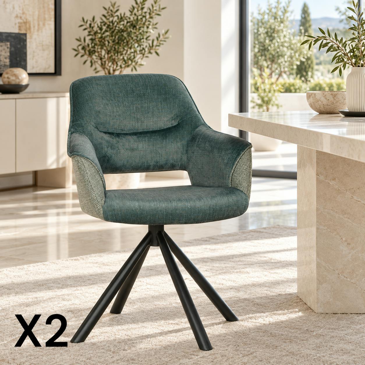 Fauteuil pivotant bi-matière, couleur lagon (lot de 2) IENA