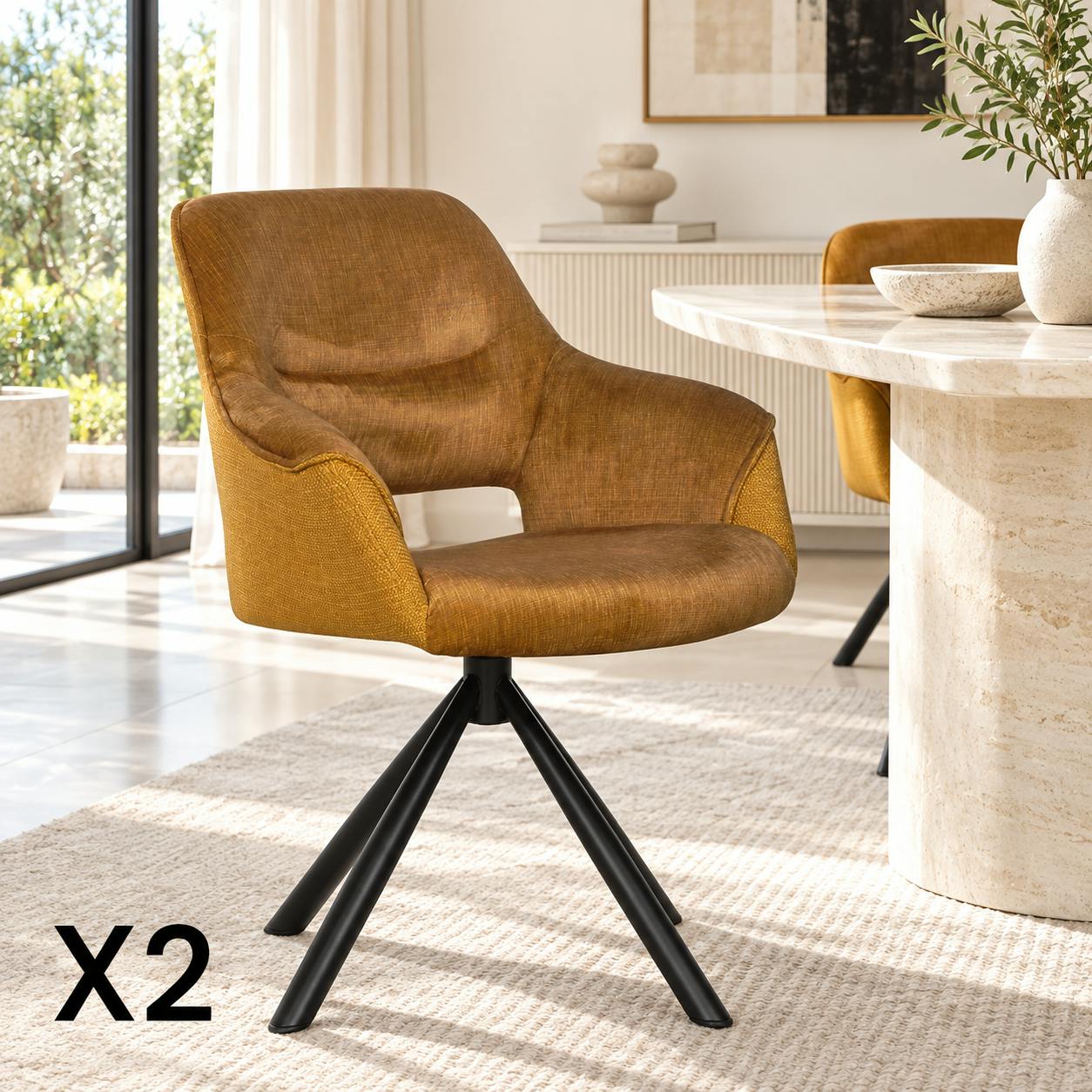 Fauteuil pivotant bi-matière, couleur moutarde (lot de 2) IENA