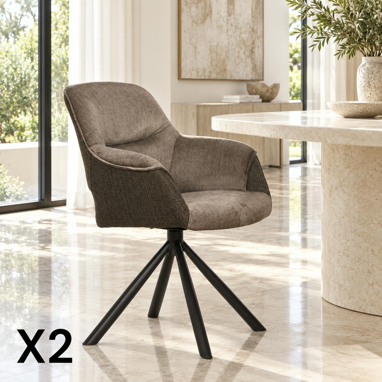 Fauteuil pivotant bi-matière, couleur taupe (lot de 2) IENA