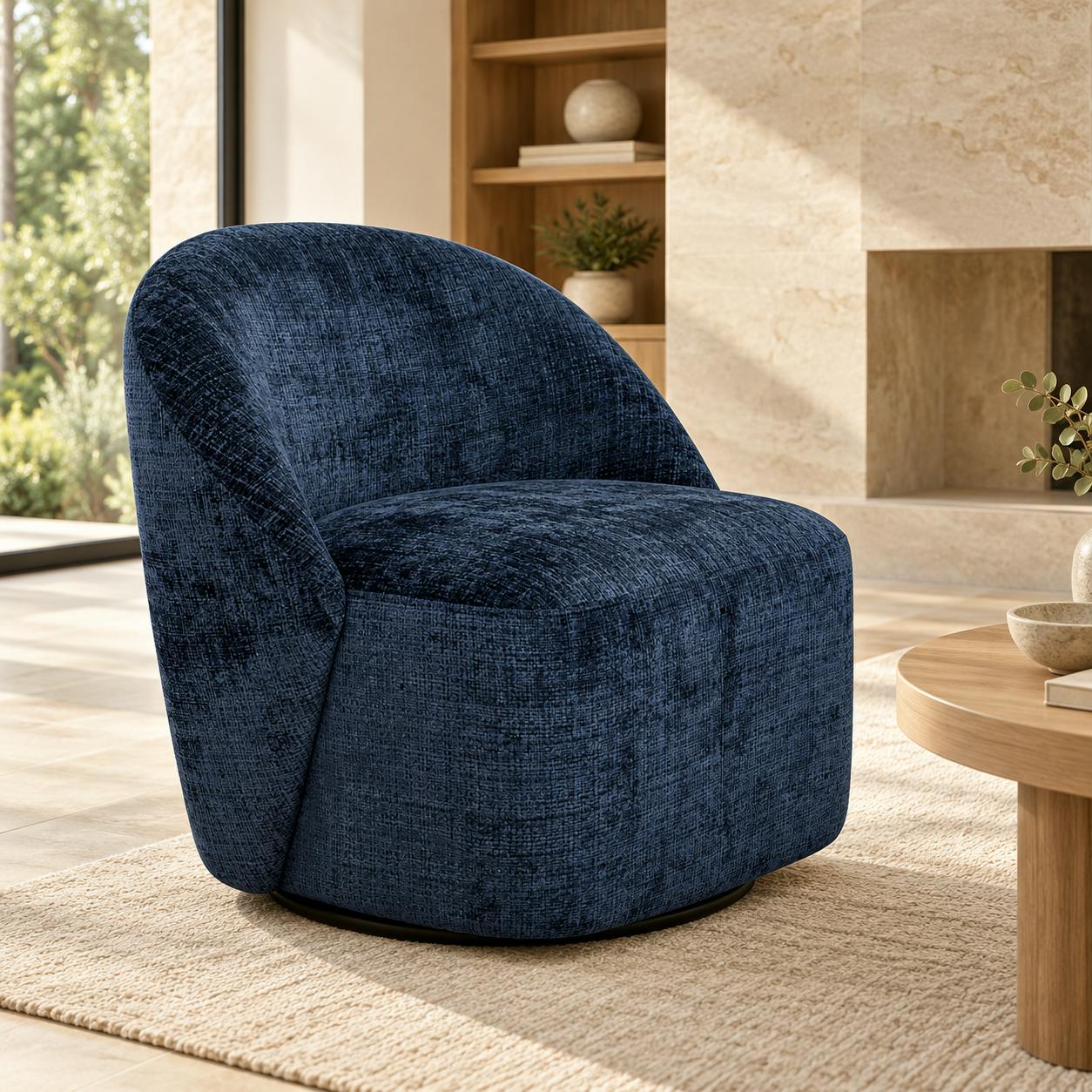 Fauteuil pivotant bleu nuit dossier rond tissu texturé IENA