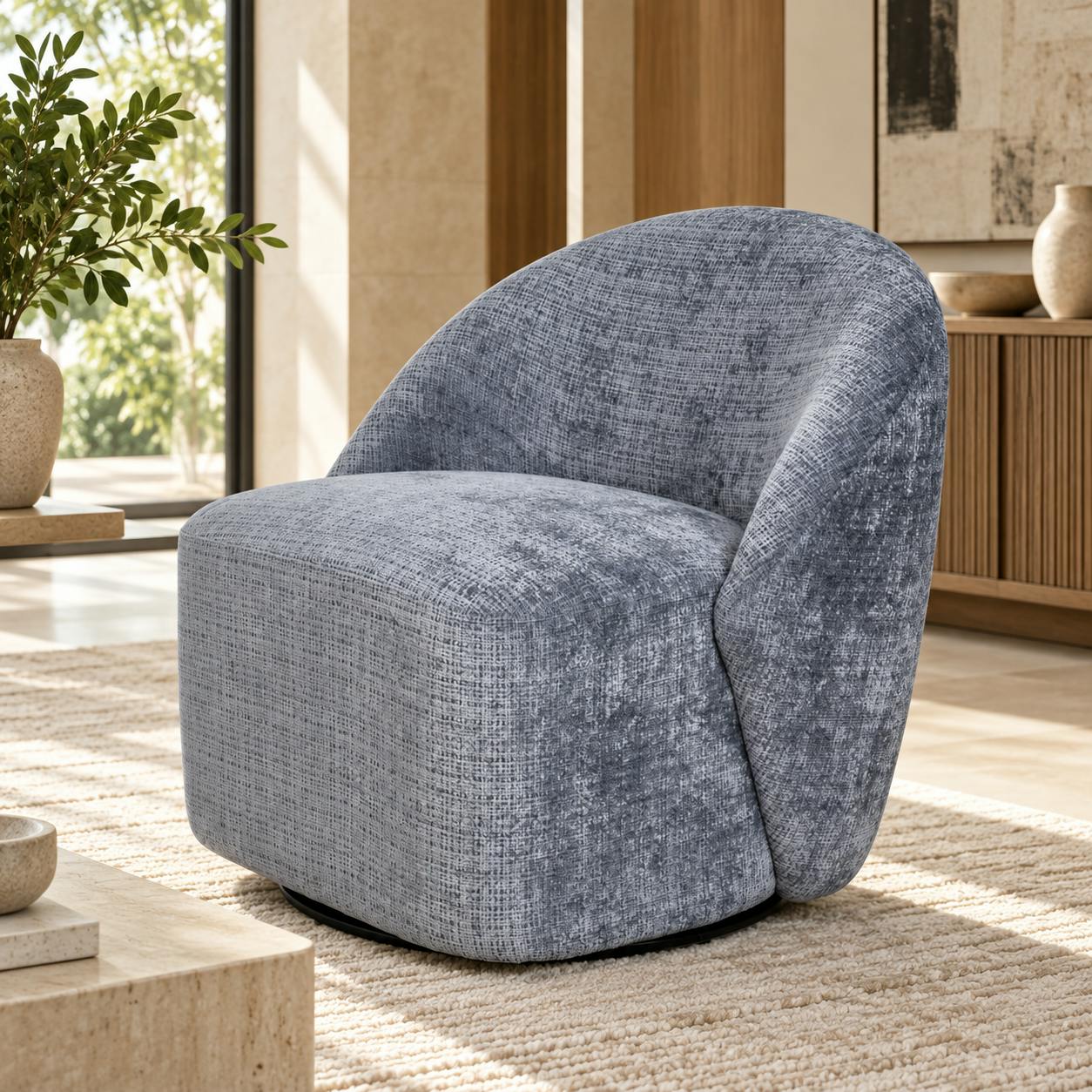 Fauteuil pivotant gris bleu dossier rond tissu texturé IENA