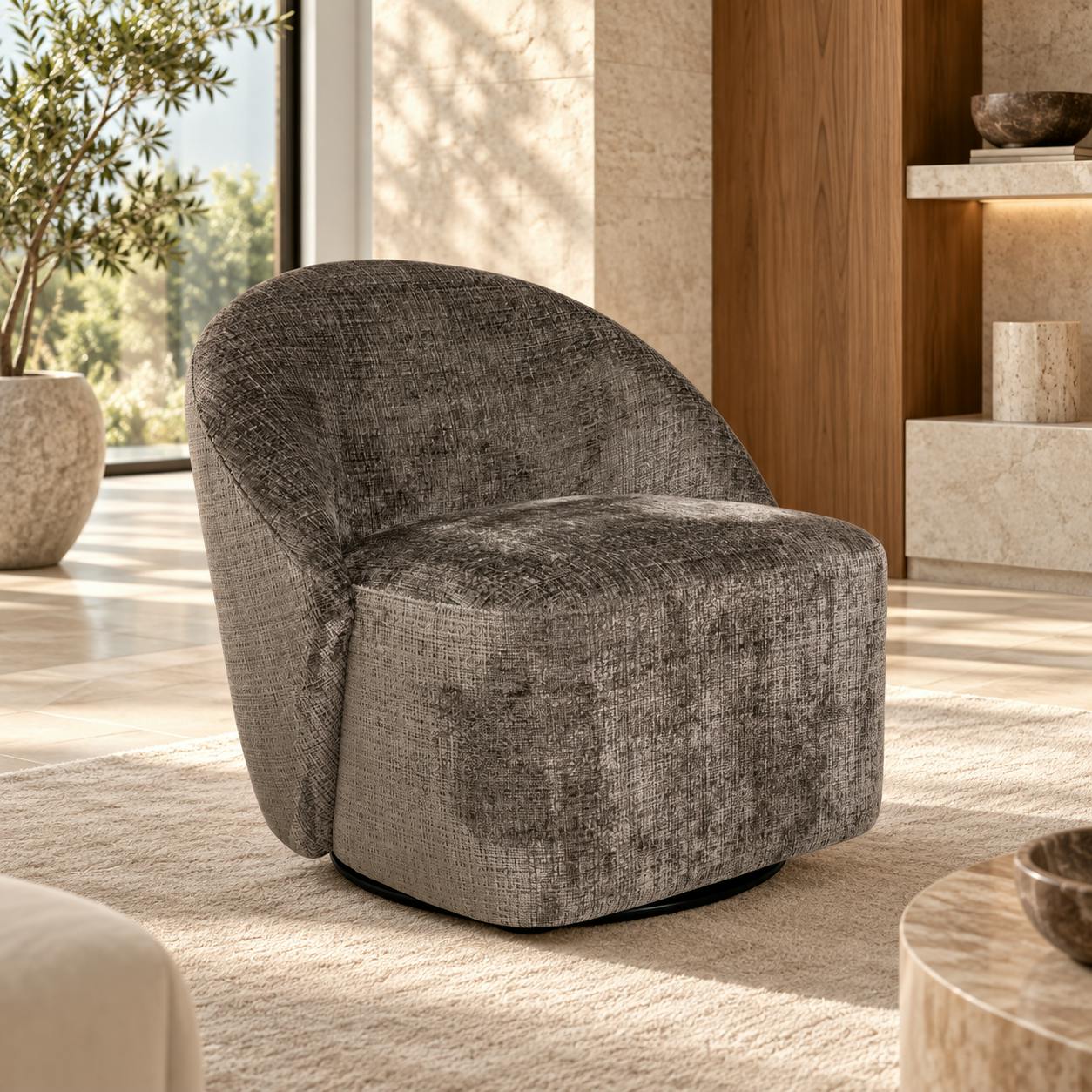 Fauteuil pivotant gris cendre dossier rond tissu texturé IENA