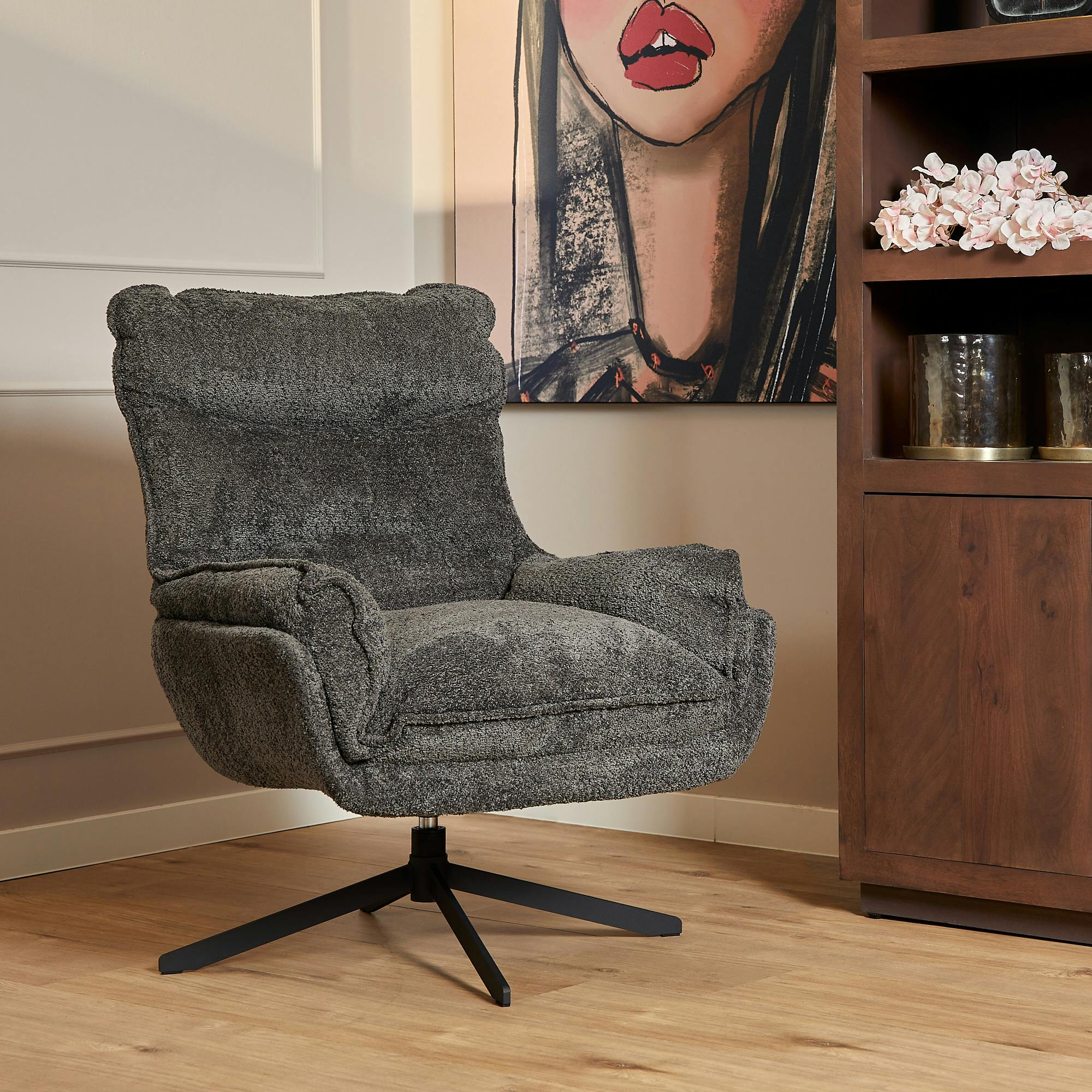 Fauteuil pivotant gris foncé en tissu bouclette BELORA