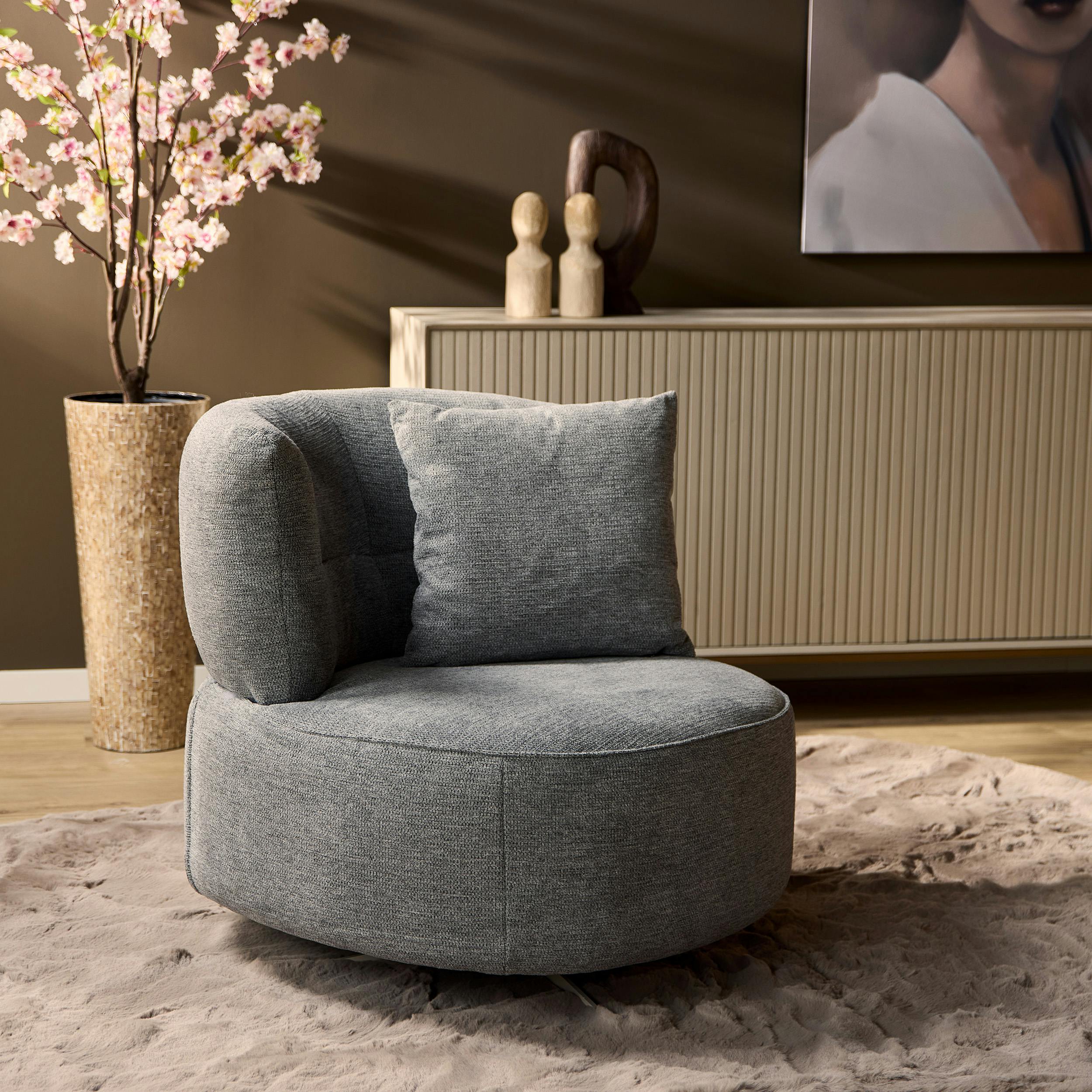 Fauteuil pivotant rond gris avec coussin assorti BELORA
