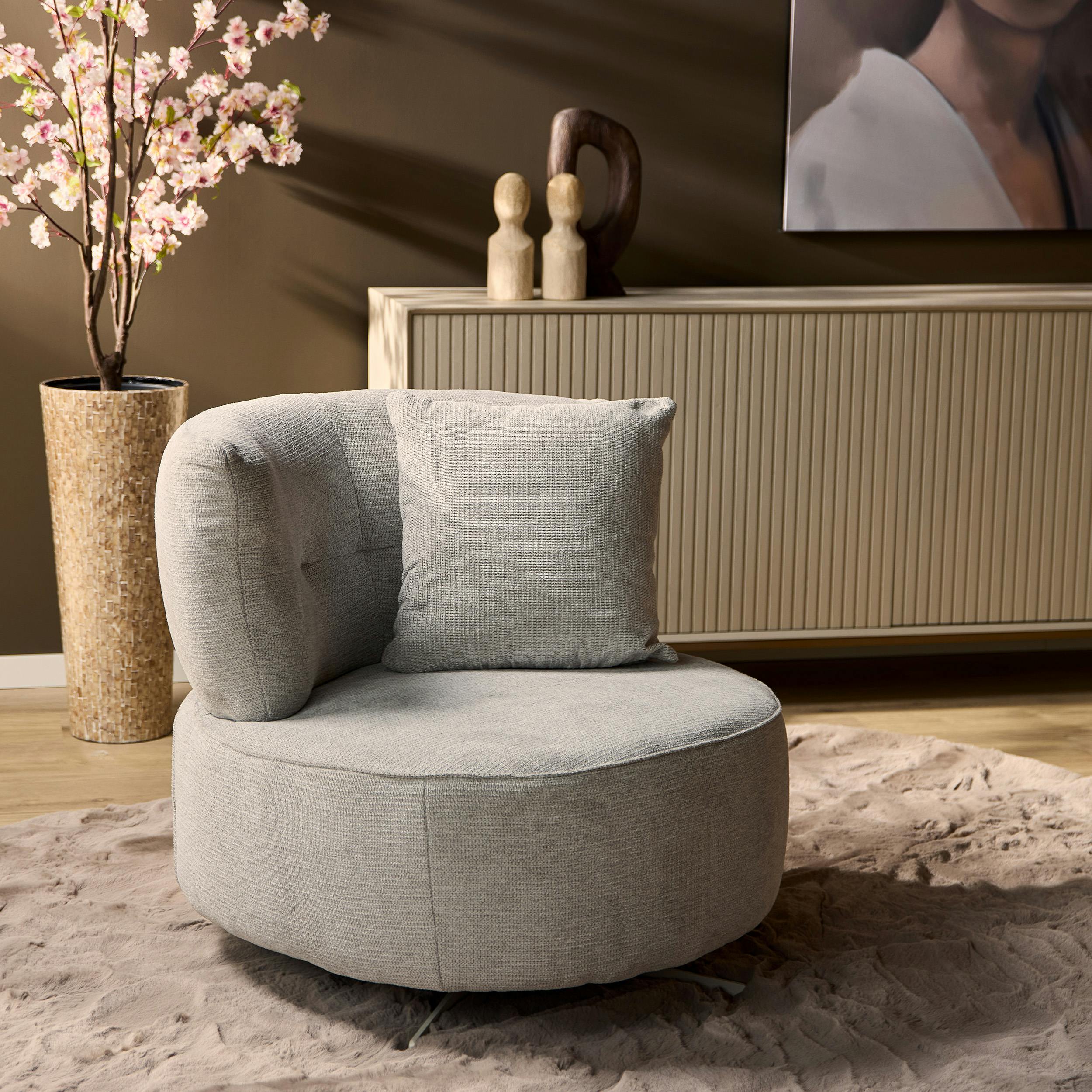 Fauteuil pivotant rond gris clair avec coussin assorti BELORA