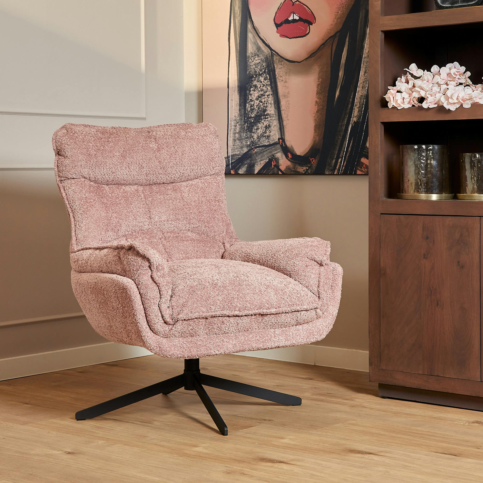 Fauteuil pivotant rose en tissu bouclette BELORA