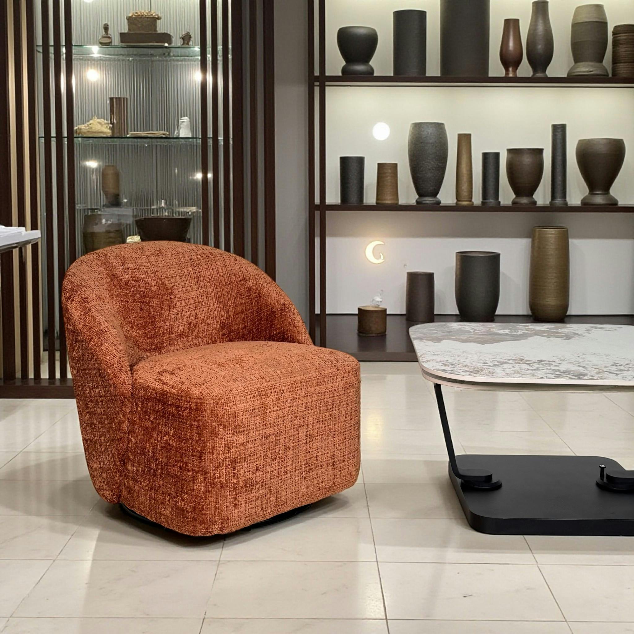 Fauteuil pivotant terracotta dossier rond tissu texturé IENA