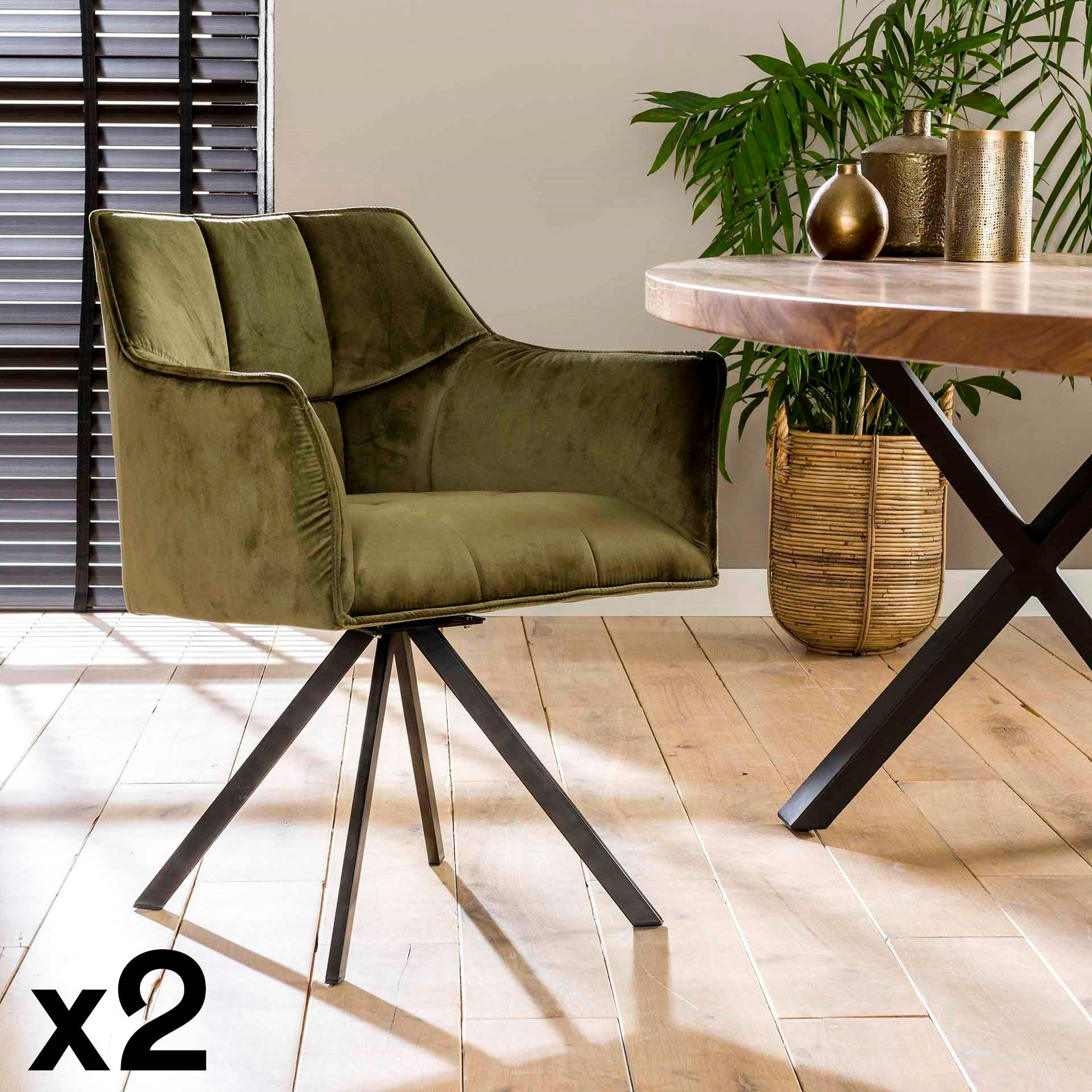 Fauteuil pivotant velours vert pied étoile MELBOURNE (lot de 2)